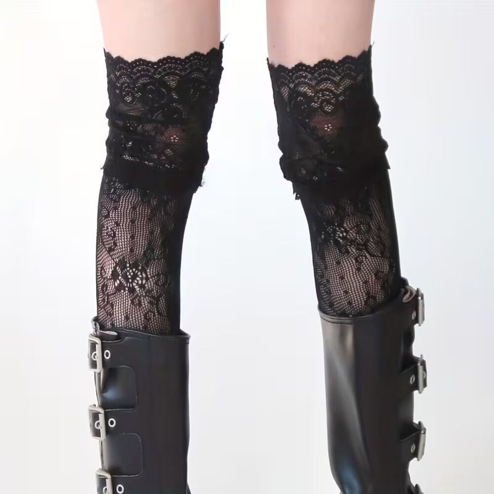Black Elegant Lace Top Floral Design Stay Up Thigh High Stockings NEW